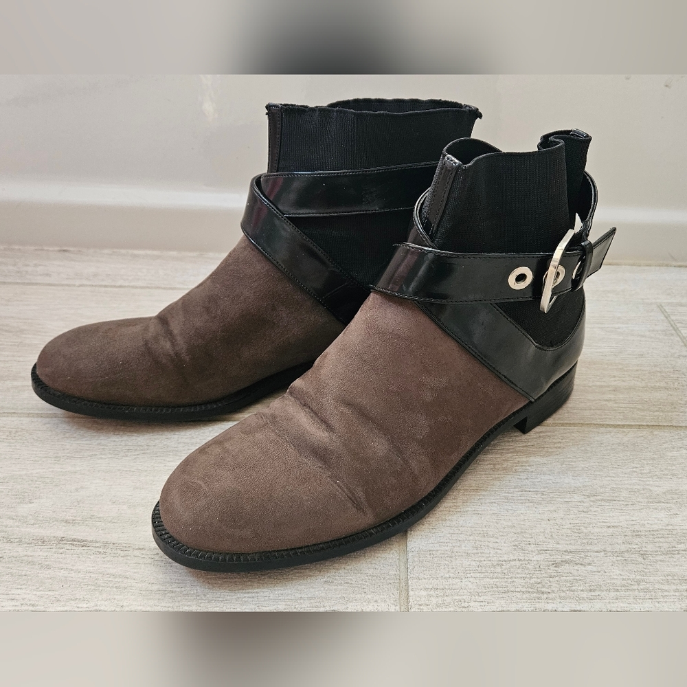 Zara Trafaluc Grey Browm Black Chelsea Ankle Boots Strap & Buckle Detail Size 38